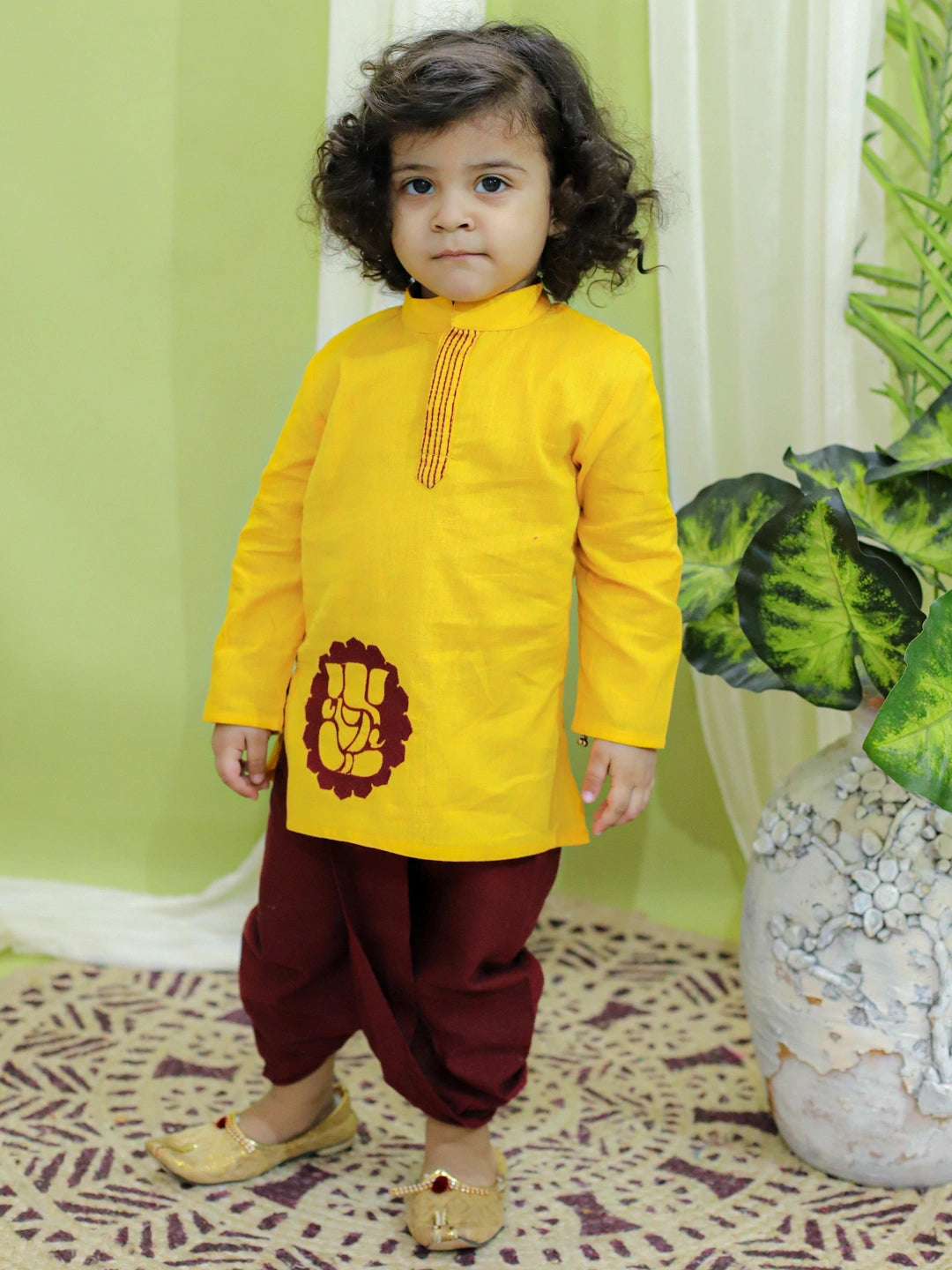 BownBee Ganesh Embroidery Cotton Dhoti Kurta for Boys- Yellow
