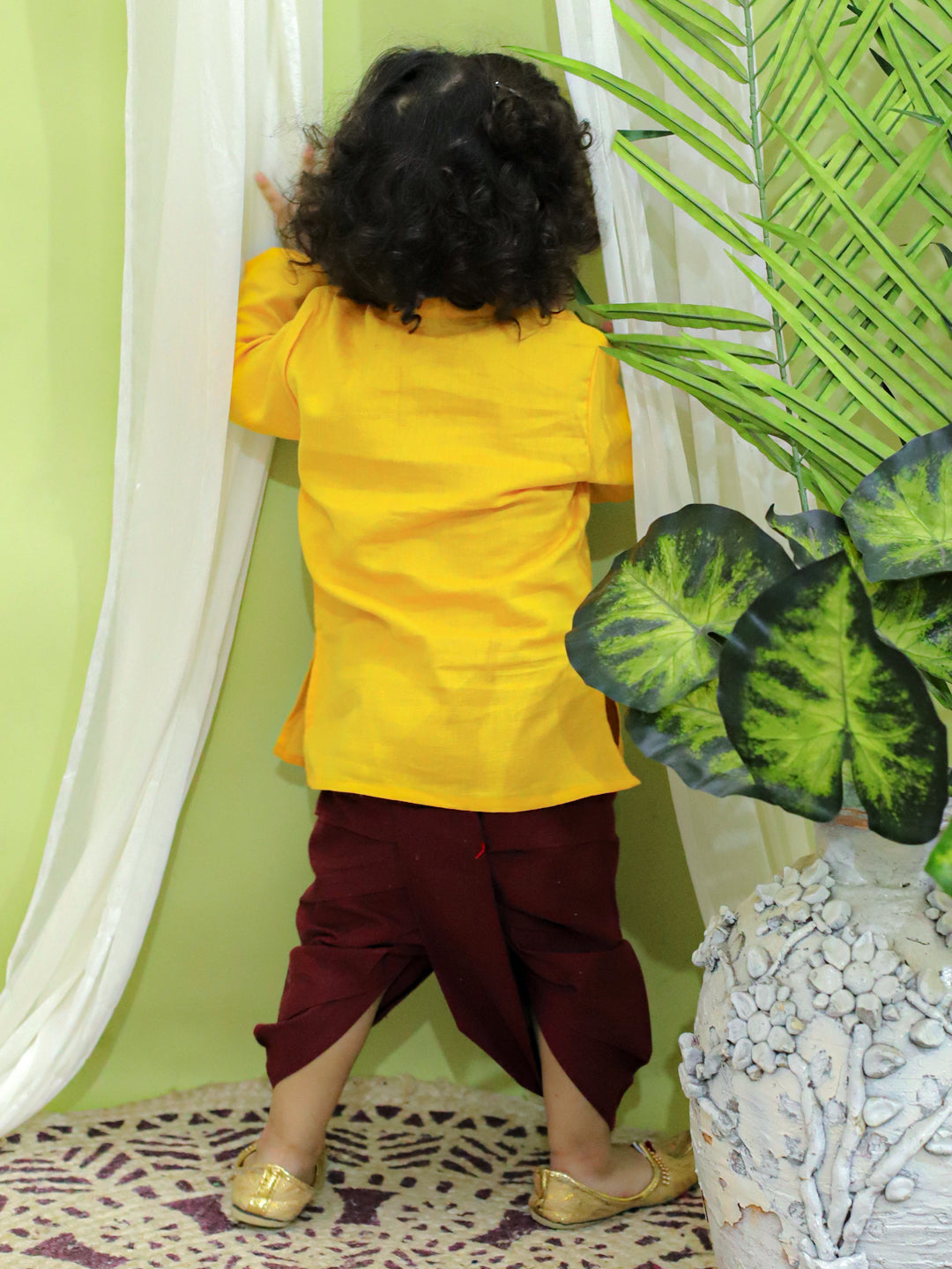 BownBee Ganesh Embroidery Cotton Dhoti Kurta for Boys- Yellow