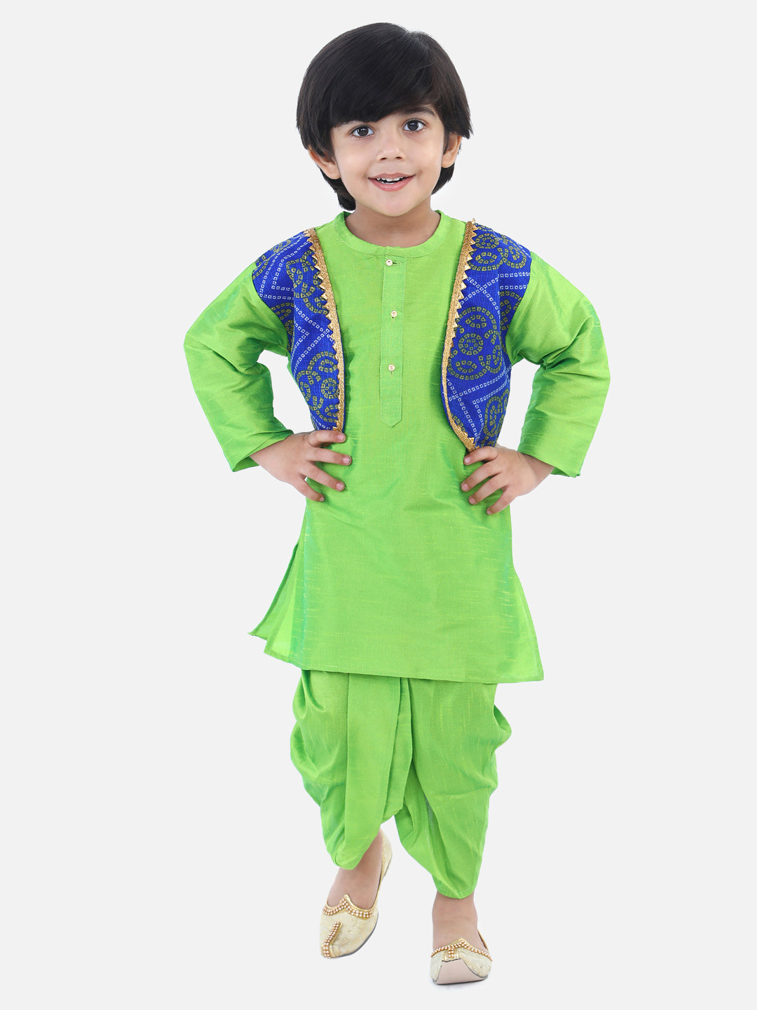 BownBee Boys Attached Jacket Bandhani Dhoti Kurta- Green