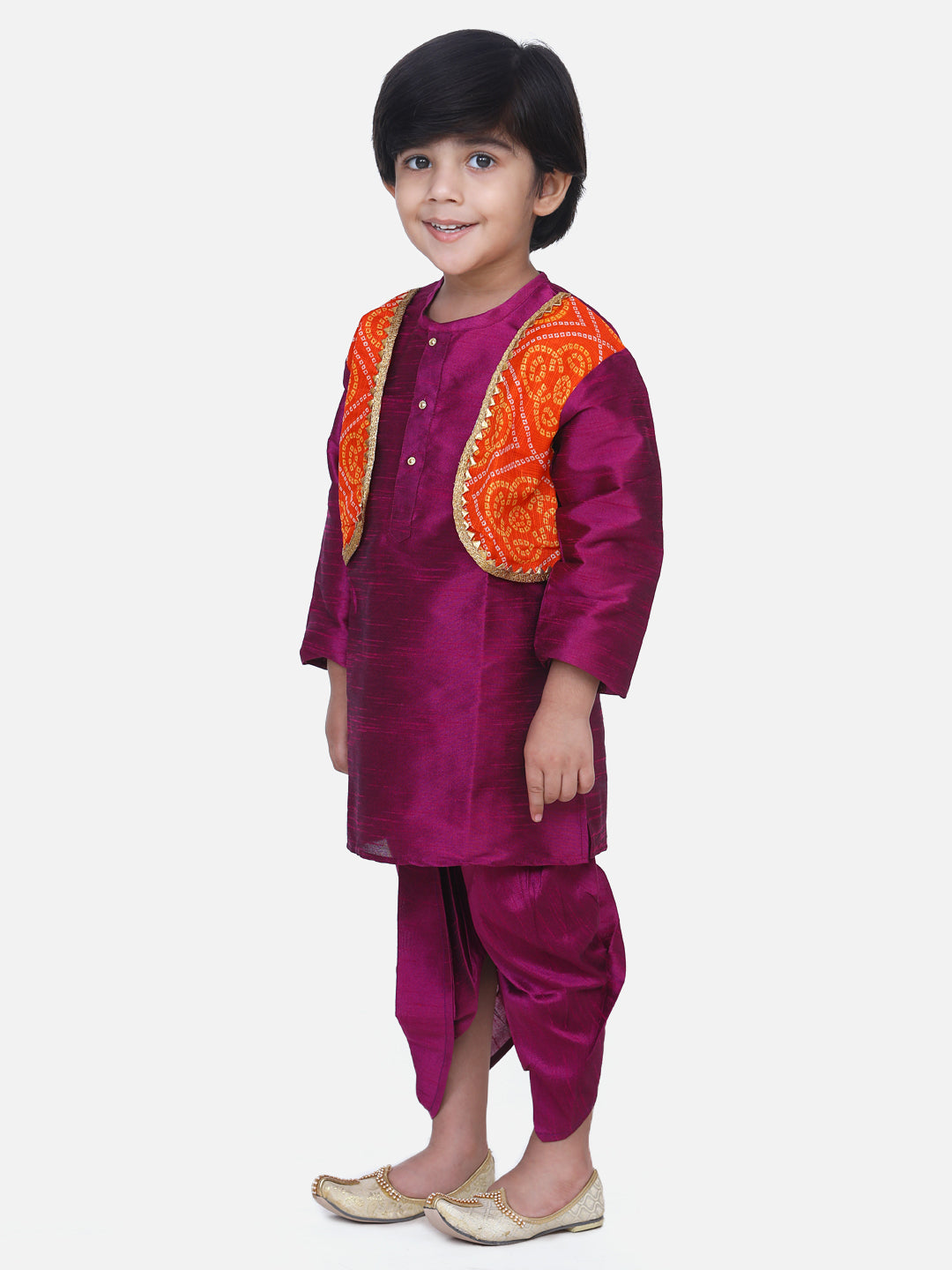 BownBee Boys Attached Jacket Bandhani Dhoti Kurta- Purple