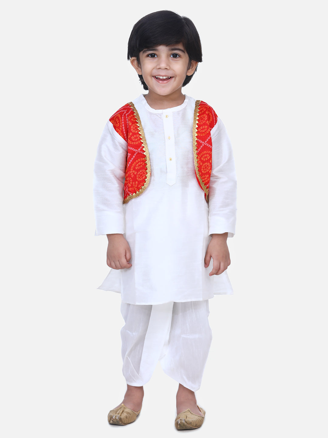 BownBee Boys Attached Jacket Bandhani Dhoti Kurta- White