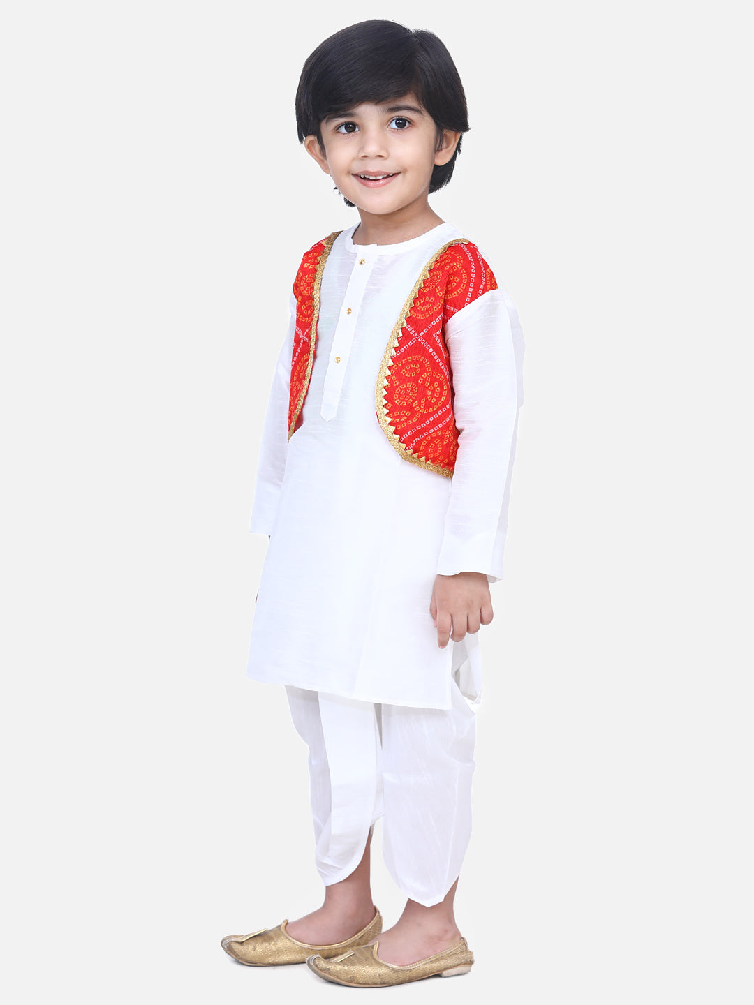 BownBee Boys Attached Jacket Bandhani Dhoti Kurta- White