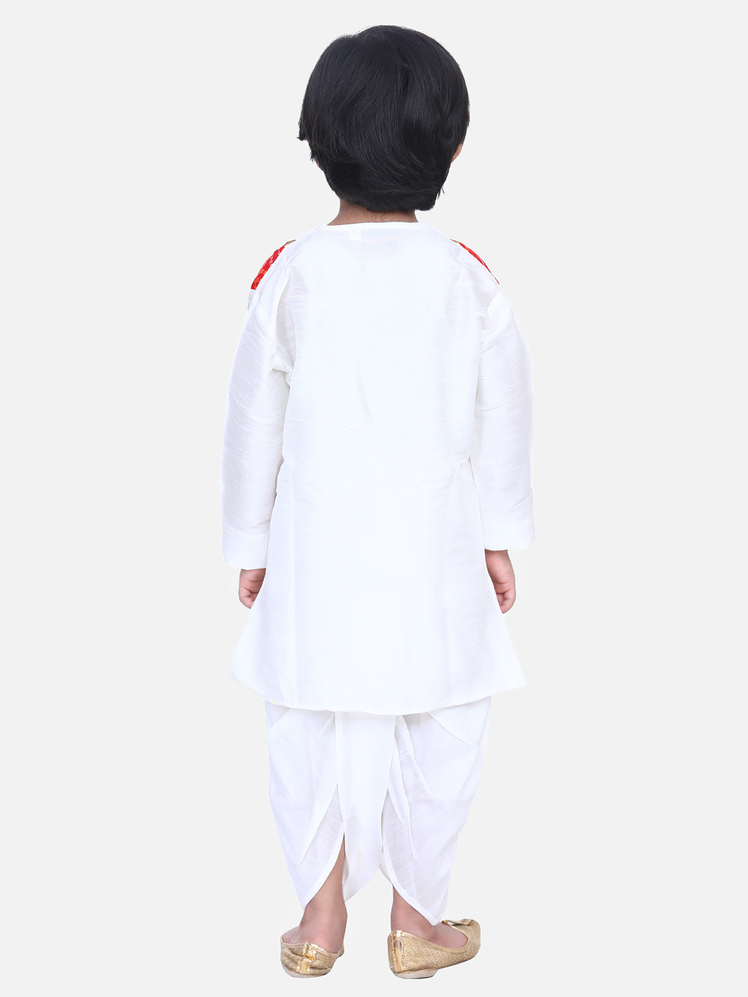 BownBee Boys Attached Jacket Bandhani Dhoti Kurta- White