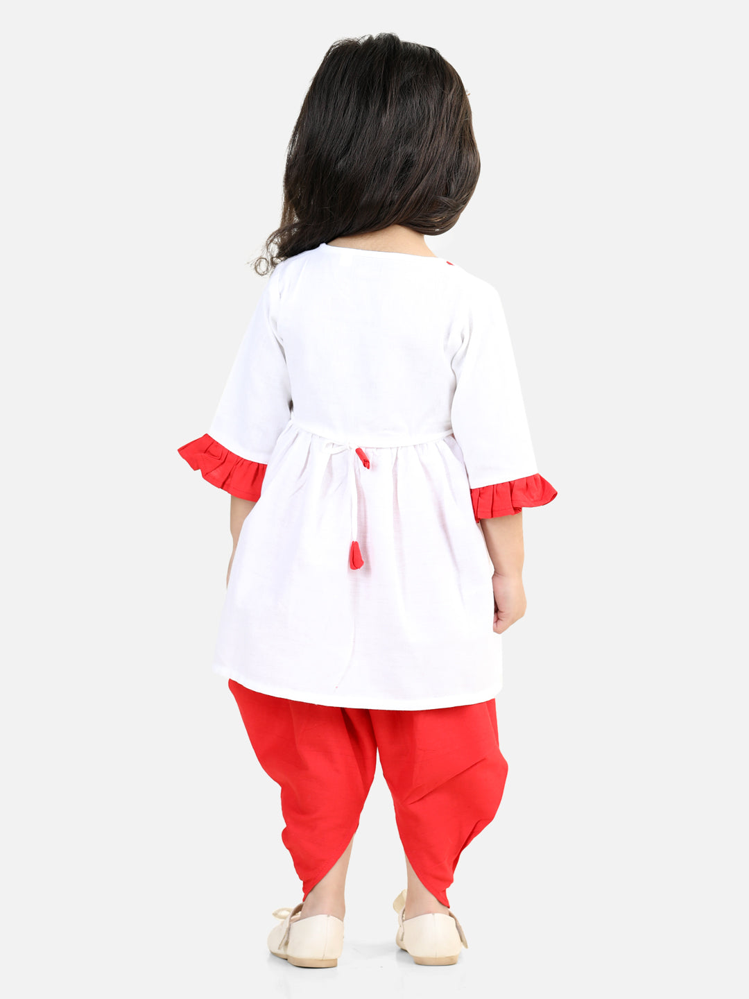 BownBee 100% Cotton Three Fourth Sleeves Patch Work Kurta and Dhoti Set - White Red