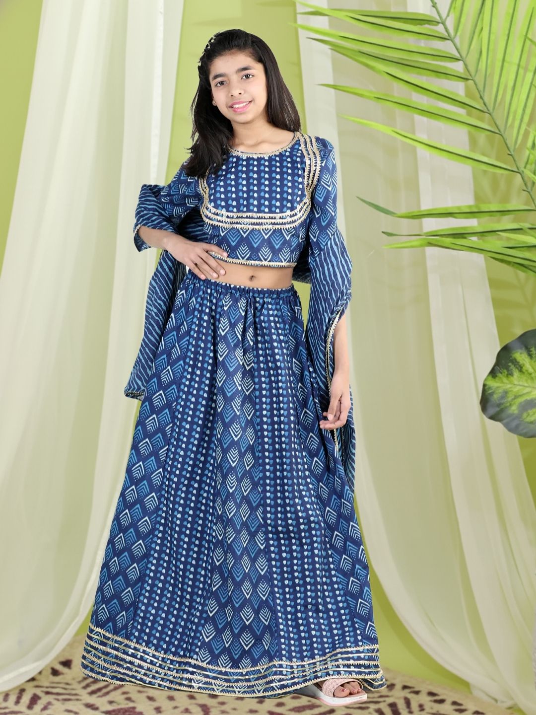 BownBee Pure Cotton Printed Lehenga Choli Dupatta Set for Girls- Blue