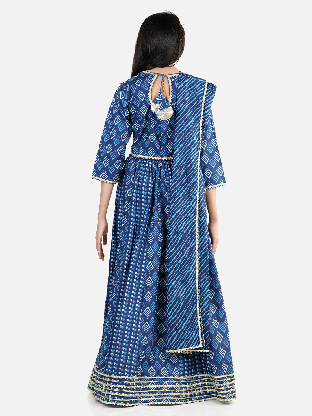 BownBee Pure Cotton Printed Lehenga Choli Dupatta Set for Girls- Blue
