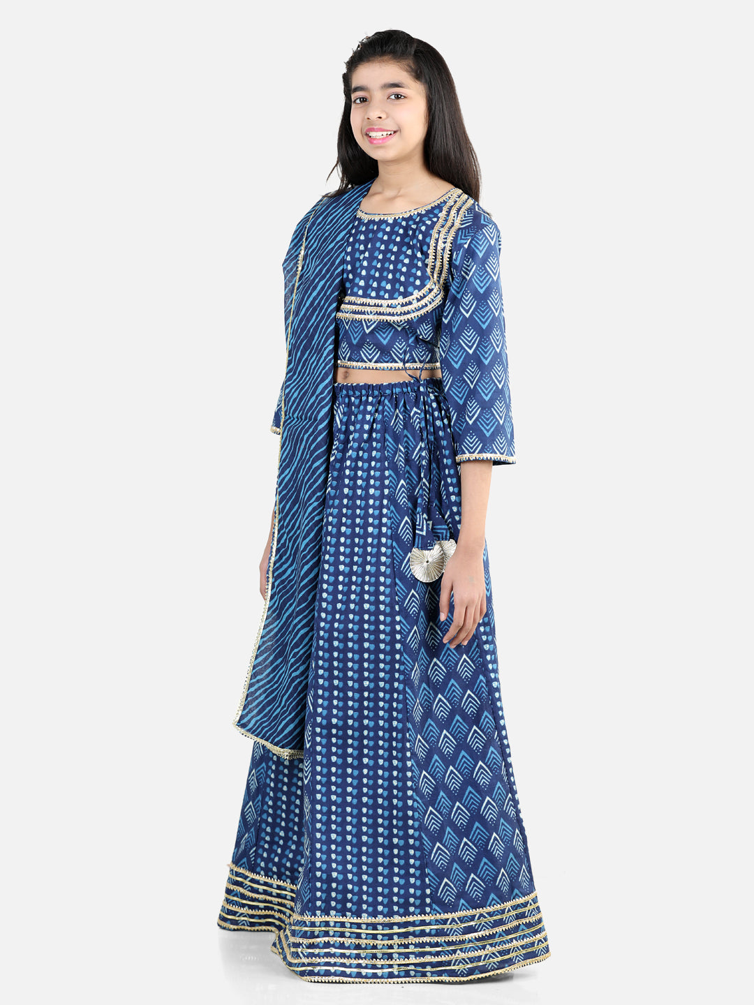 BownBee Pure Cotton Printed Lehenga Choli Dupatta Set for Girls- Blue