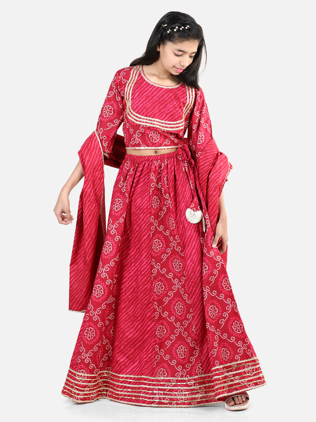 BownBee Three Fourth Sleeves Lace Detailed Ethnic Motif Printed Lehenga Choli With Dupatta Set