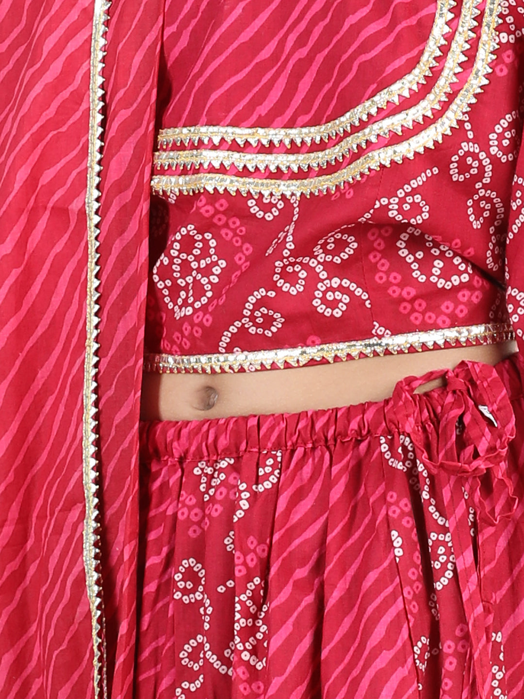 BownBee Three Fourth Sleeves Lace Detailed Ethnic Motif Printed Lehenga Choli With Dupatta Set
