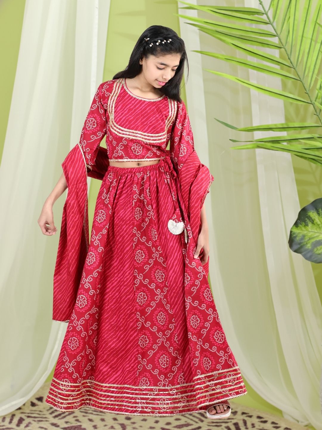 BownBee Three Fourth Sleeves Lace Detailed Ethnic Motif Printed Lehenga Choli With Dupatta Set