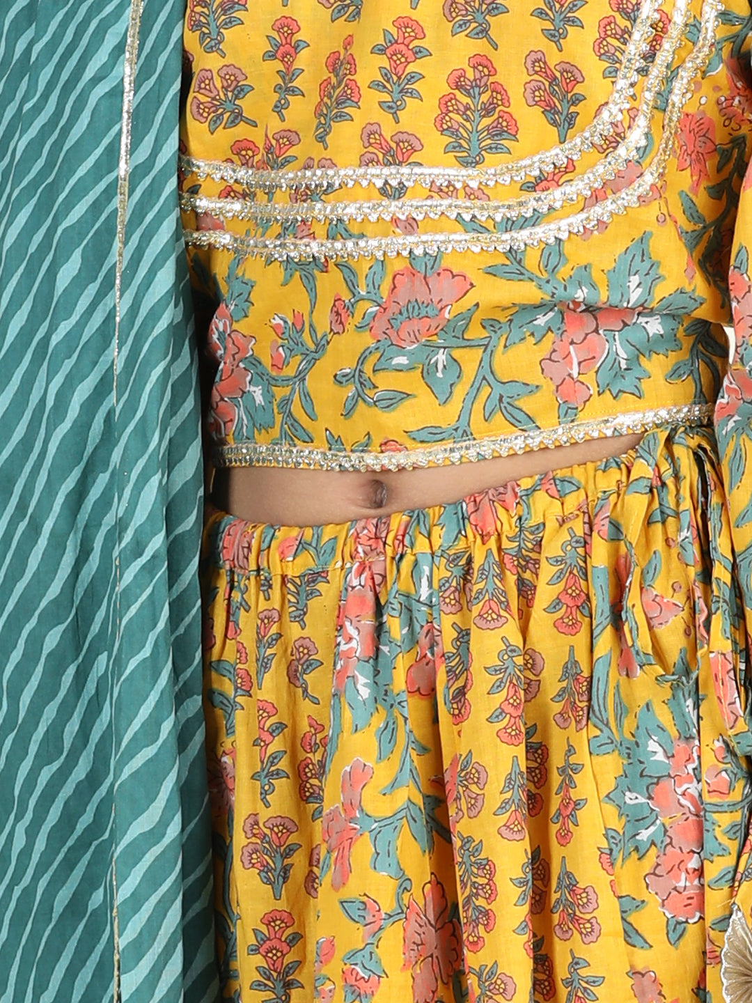 BownBeePure Cotton Printed Lehenga Choli Dupatta Set for Girls- Yellow
