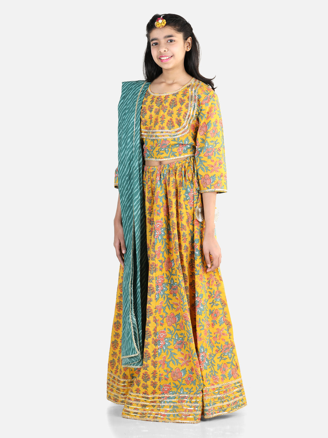 BownBeePure Cotton Printed Lehenga Choli Dupatta Set for Girls- Yellow