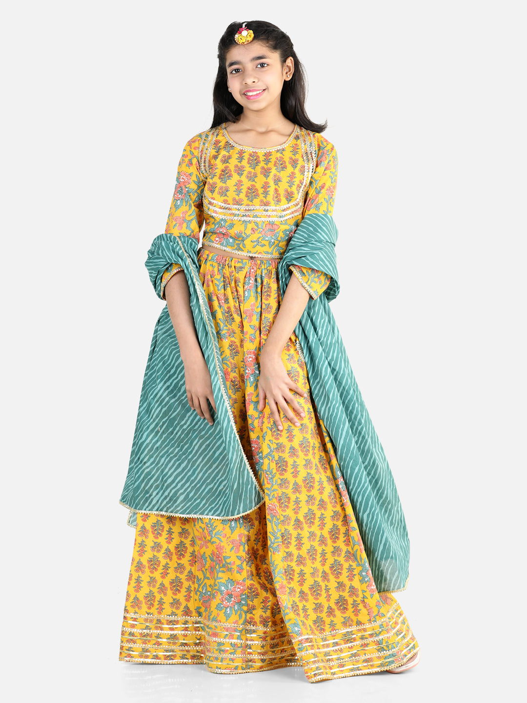 BownBeePure Cotton Printed Lehenga Choli Dupatta Set for Girls- Yellow