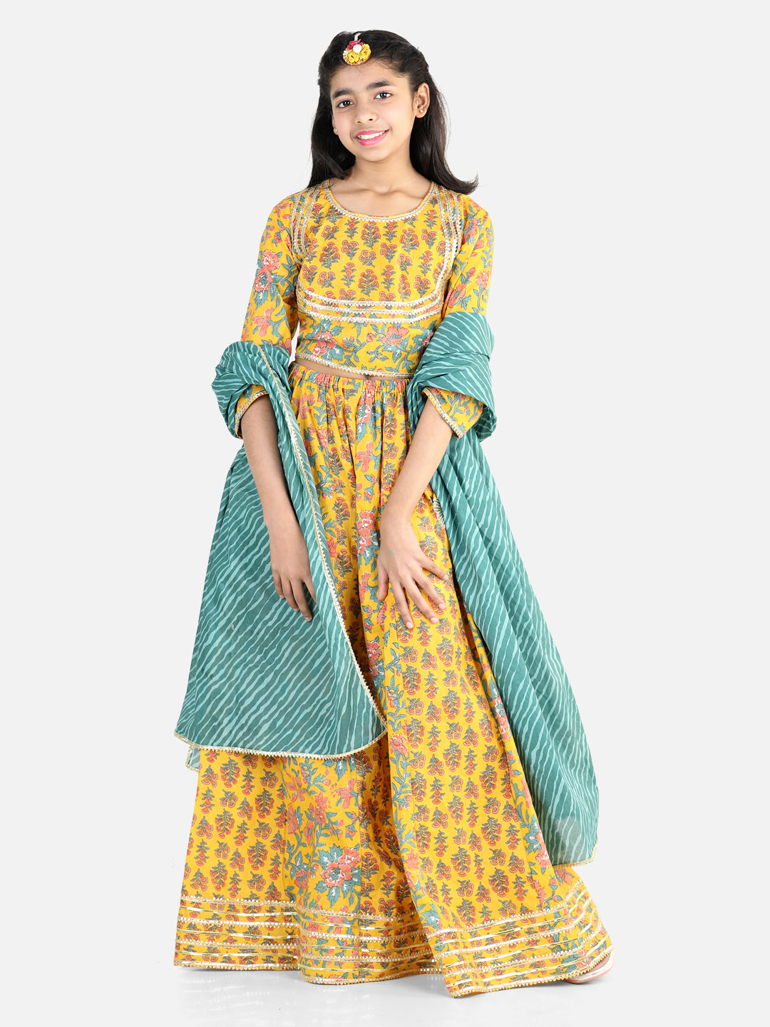 BownBee Sibling Pure Cotton Printed Lehenga Choli Dupatta and Kurta pajama Set - Yellow