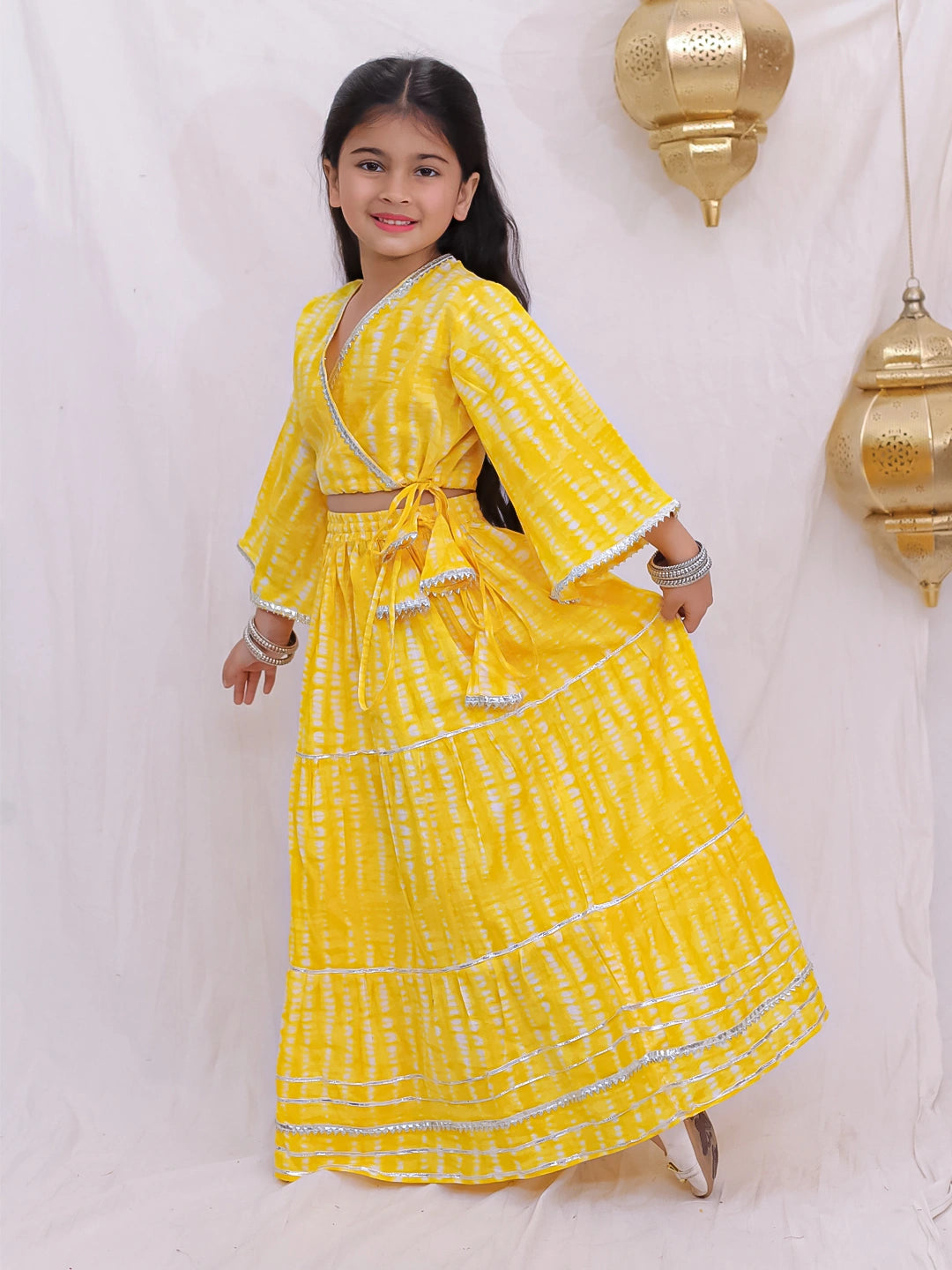 BownBee Pure Cotton Quater Sleeves Tie & Dye Top With Skirt For Girls - Yellow