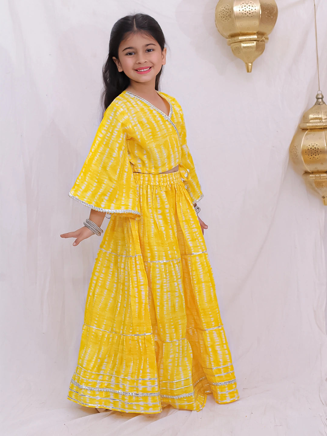 BownBee Pure Cotton Quater Sleeves Tie & Dye Top With Skirt For Girls - Yellow