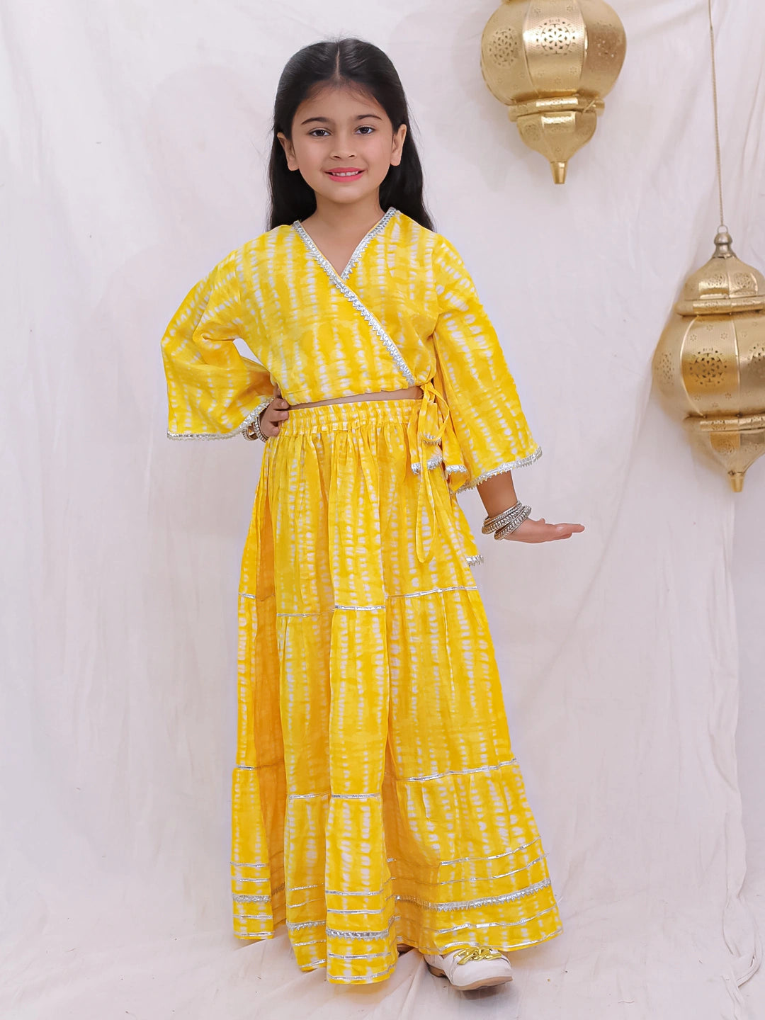 BownBee Pure Cotton Quater Sleeves Tie & Dye Top With Skirt For Girls - Yellow