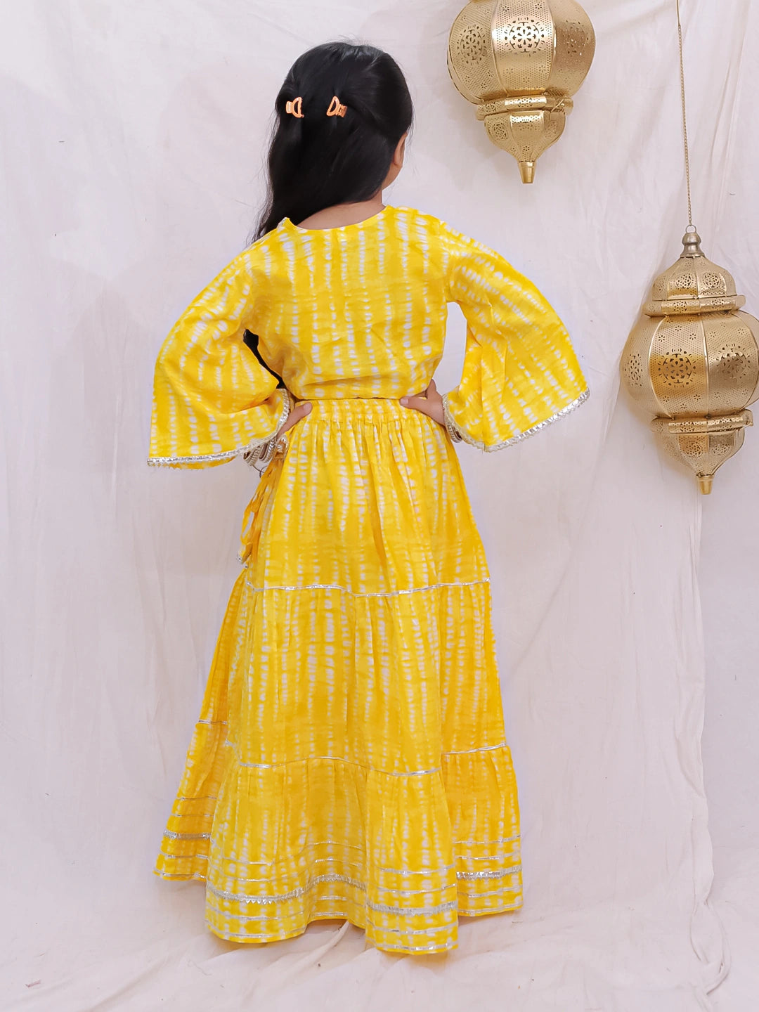 BownBee Pure Cotton Quater Sleeves Tie & Dye Top With Skirt For Girls - Yellow