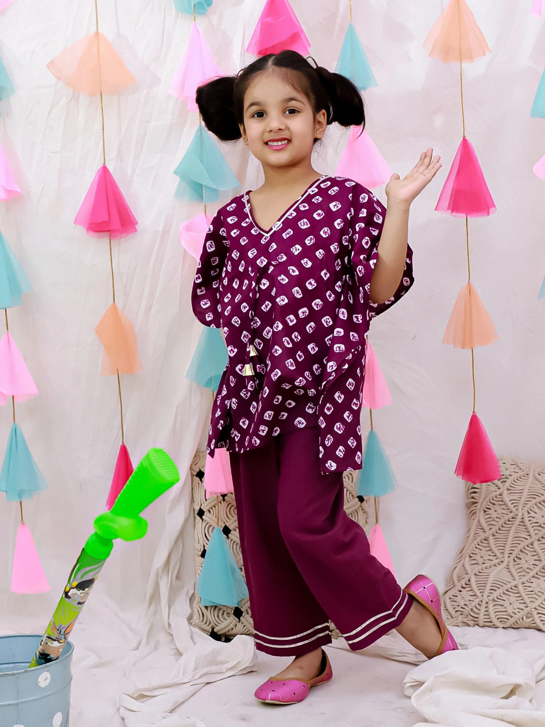 BownBee Pure Cotton Badhani Kaftan & Plazao Set For Girls - Purple