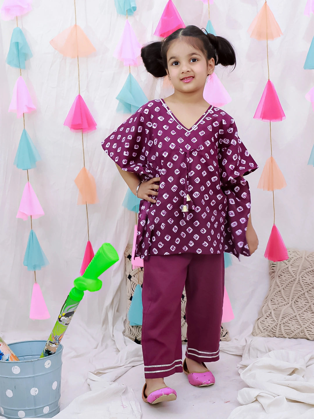 BownBee Pure Cotton Badhani Kaftan & Plazao Set For Girls - Purple