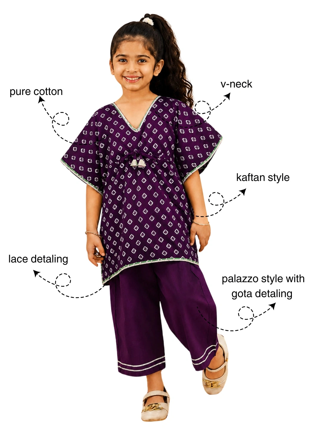 BownBee Pure Cotton Badhani Kaftan & Plazao Set For Girls