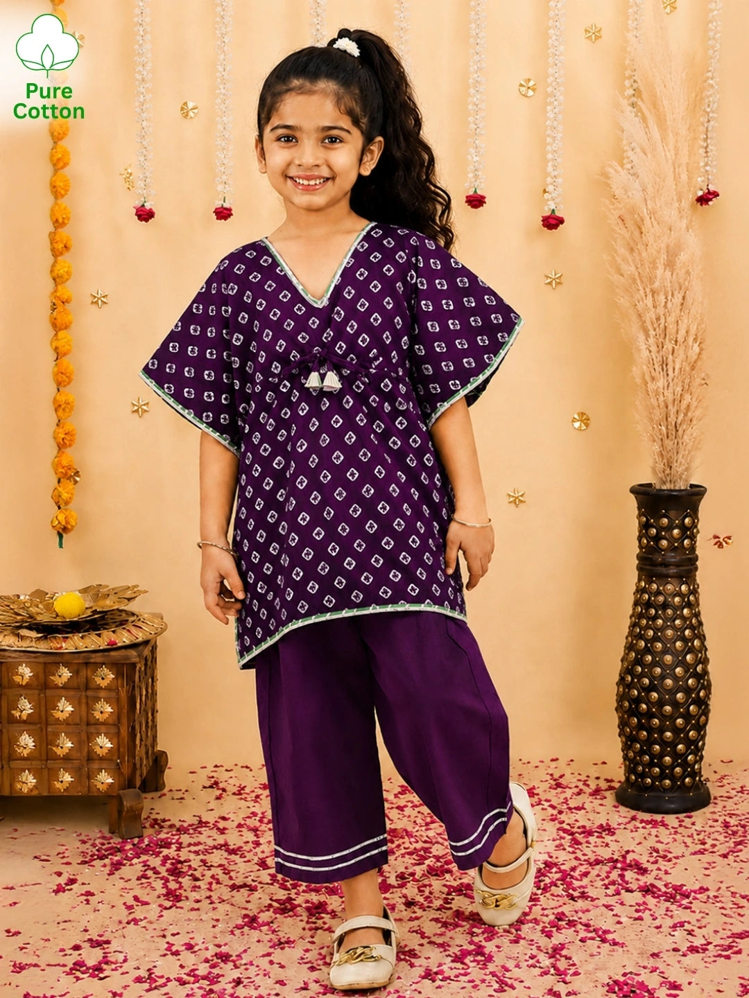BownBee Pure Cotton Badhani Kaftan & Plazao Set For Girls