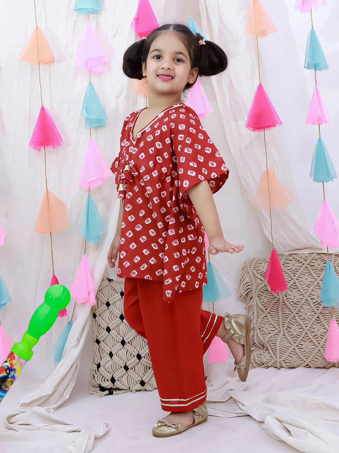 BownBee Pure Cotton Badhani Kaftan & Plazao Set For Girls - Purple