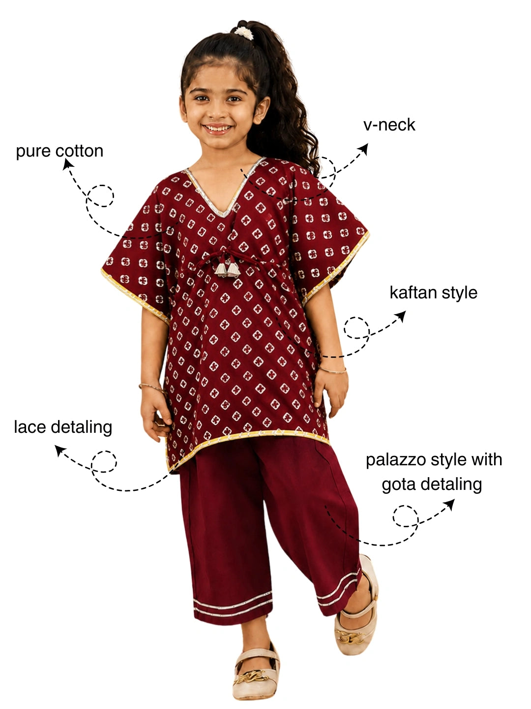 BownBee Pure Cotton Badhani Kaftan & Plazao Set For Girls