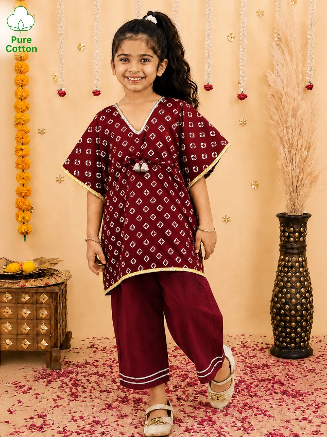 BownBee Pure Cotton Badhani Kaftan & Plazao Set For Girls