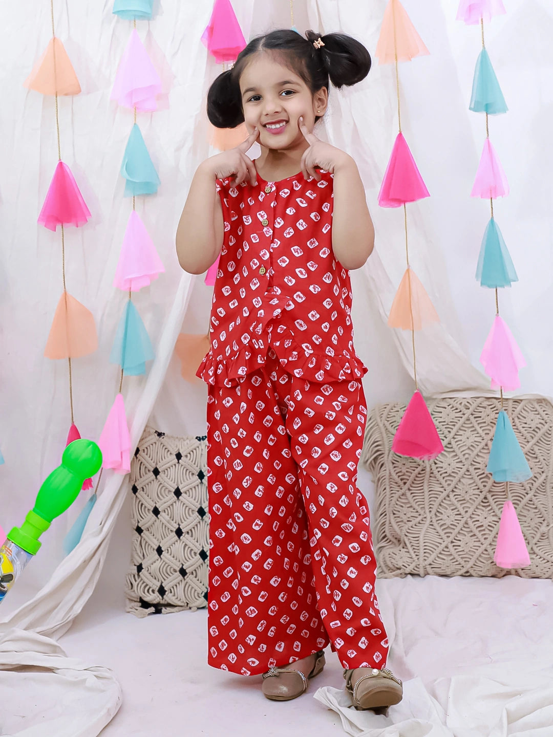 BownBee Pure Cotton Badhni Crop Top  With Plazao Set For Girls - Red