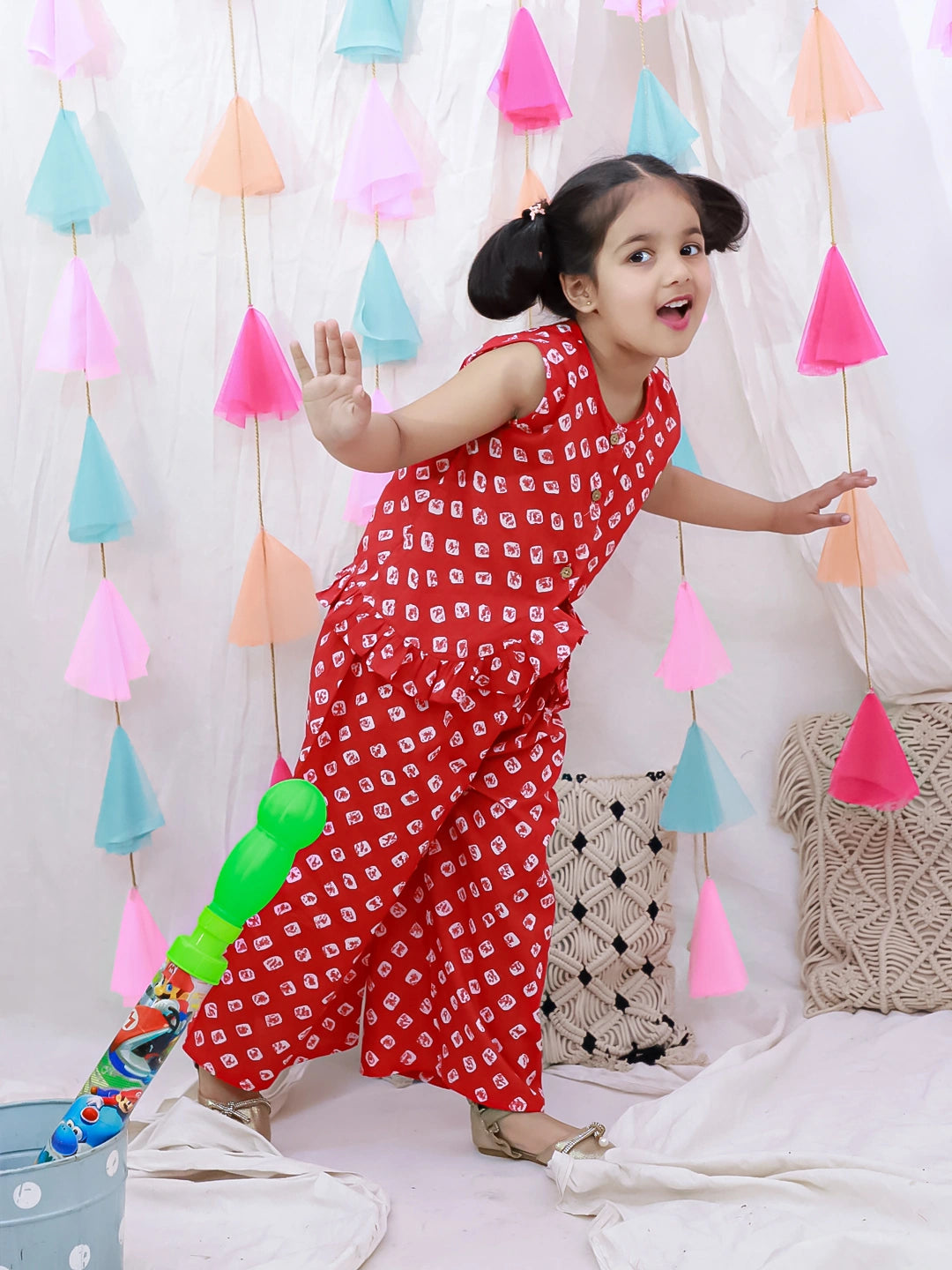 BownBee Pure Cotton Badhni Crop Top  With Plazao Set For Girls - Red