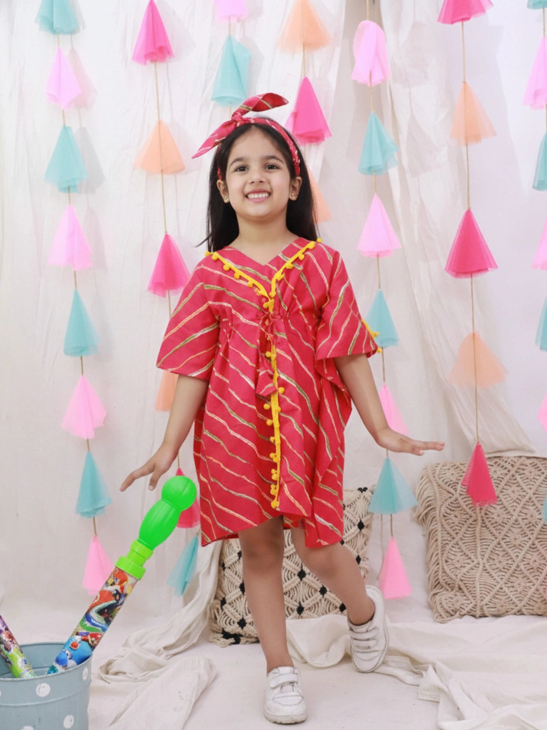 BownBee Kaftan Style Dress With Hairband For Girls - White