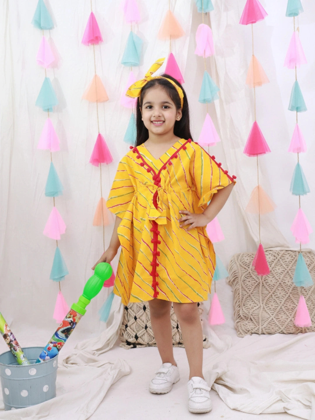 BownBee Kaftan Style Dress With Hairband For Girls - White