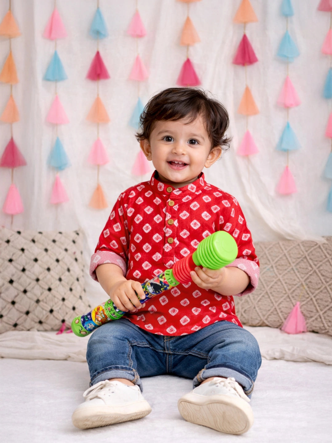 BownBee Fullsleeves Bandhni Short Kurta For Infant Boys - Red