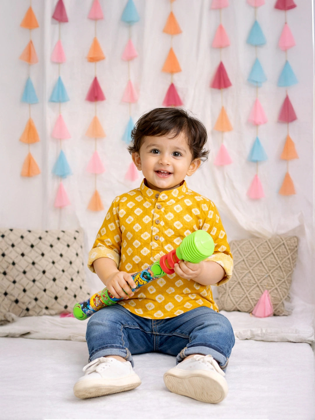 BownBee Fullsleeves Bandhni Short Kurta For Infant Boys - Red