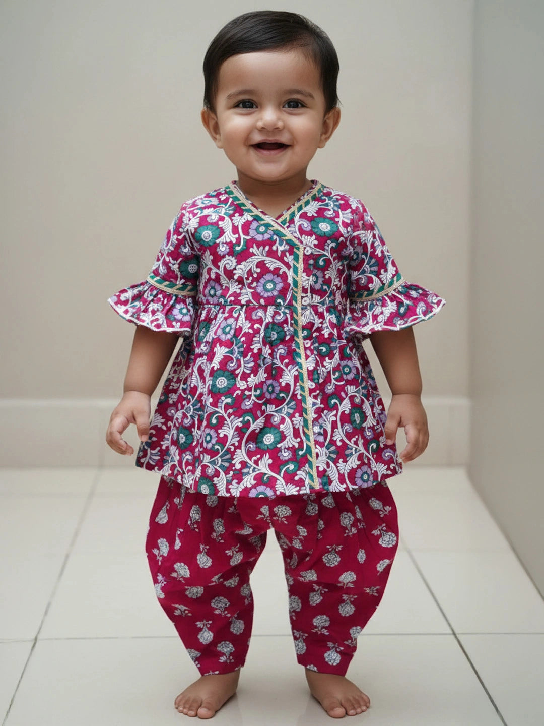 BownBee Indo-Western Angarakha Kurti With Dhoti  For Infant Girls - White