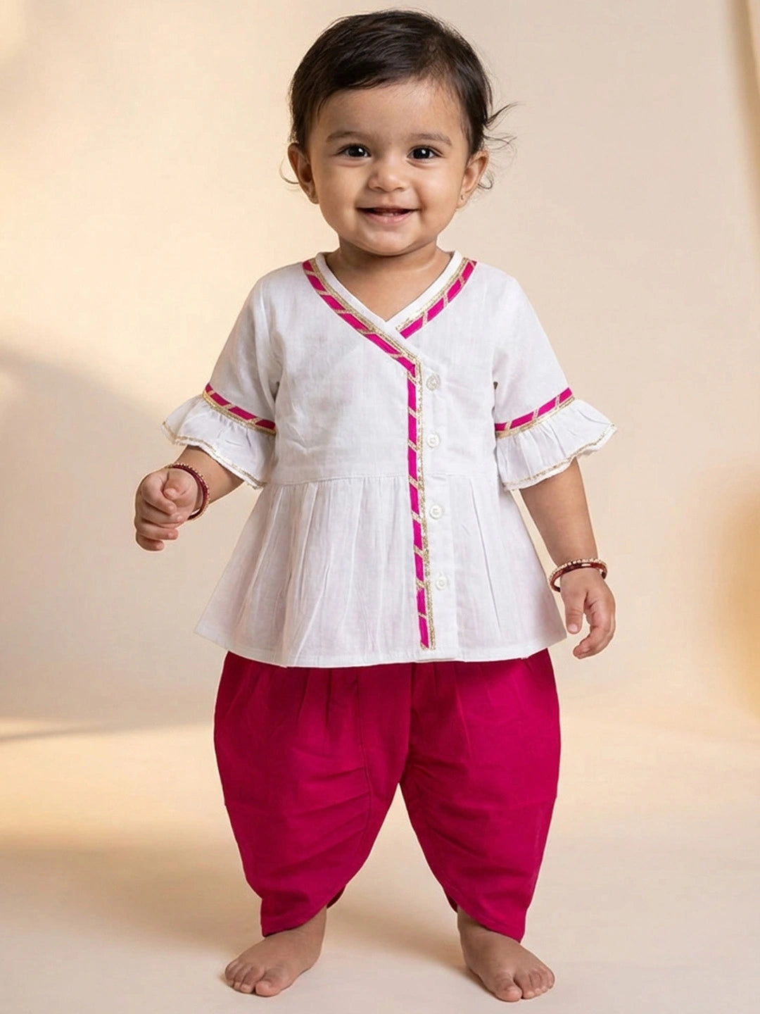BownBee Indo-Western Angarakha Kurti With Dhoti  For Infant Girls - White