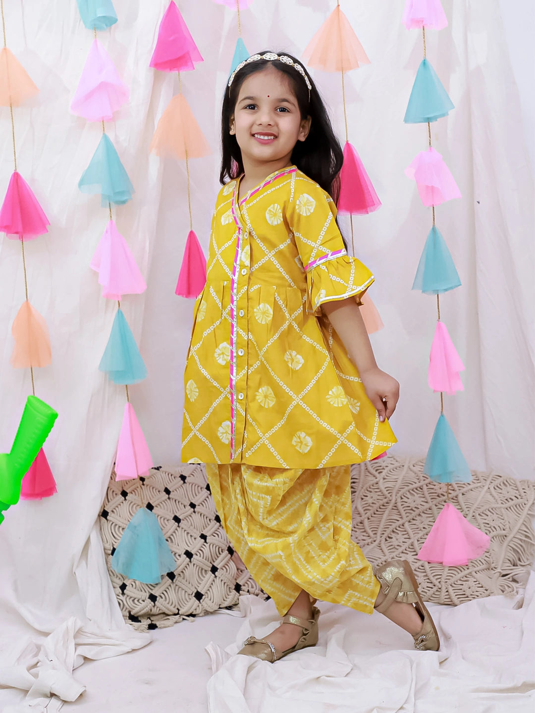 BownBee Indo-Western Angarakha Kurti With Dhoti  For Girls - White