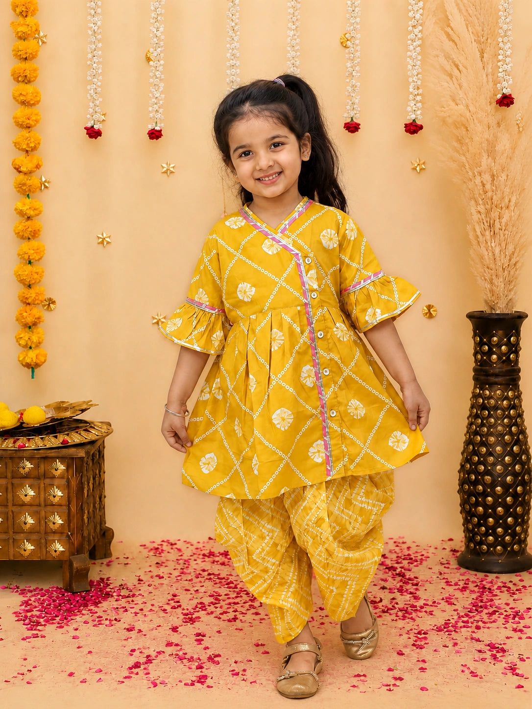 BownBee Indo-Western Angarakha Kurti With Dhoti  For Girls