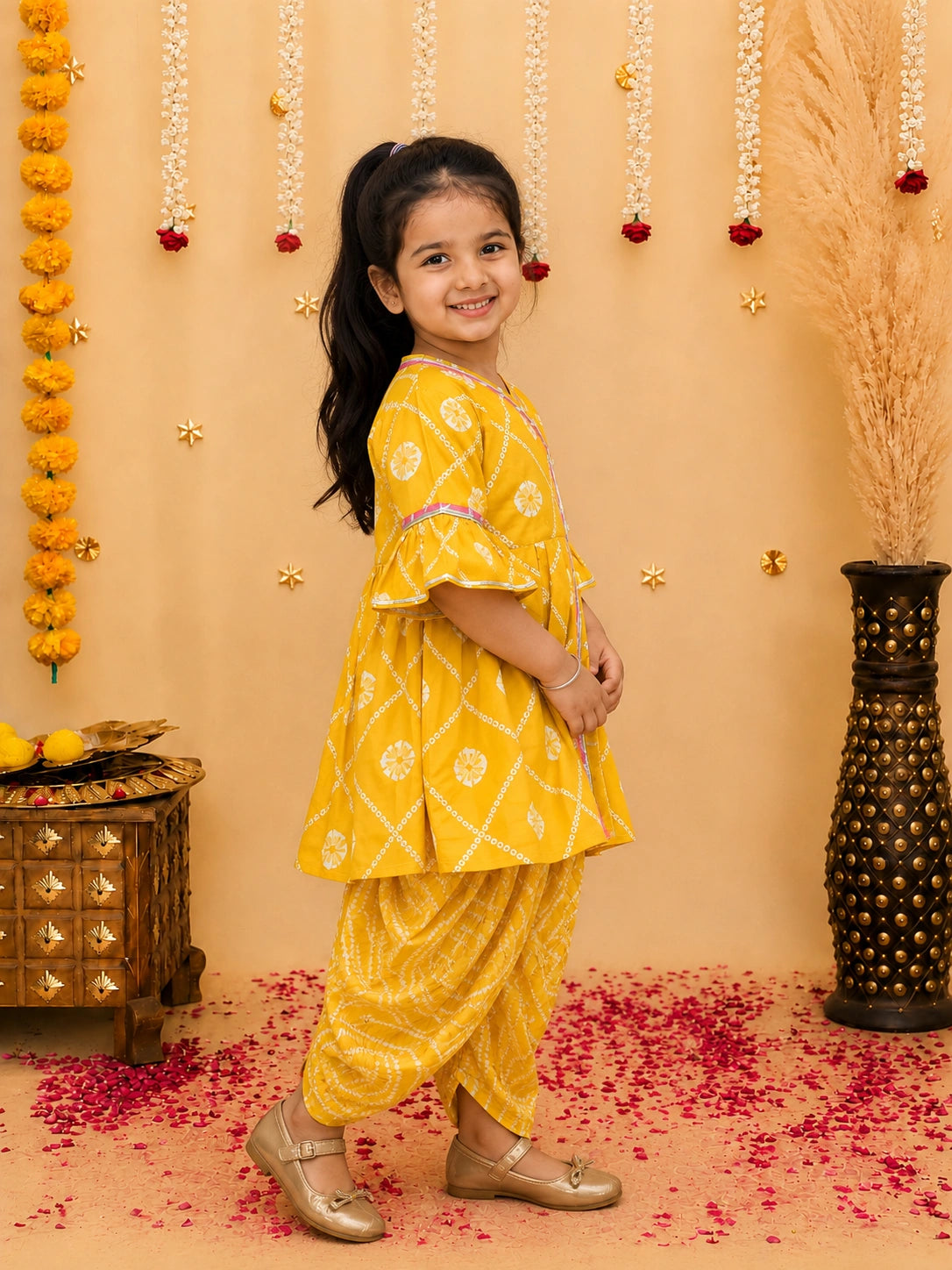 BownBee Indo-Western Angarakha Kurti With Dhoti  For Girls