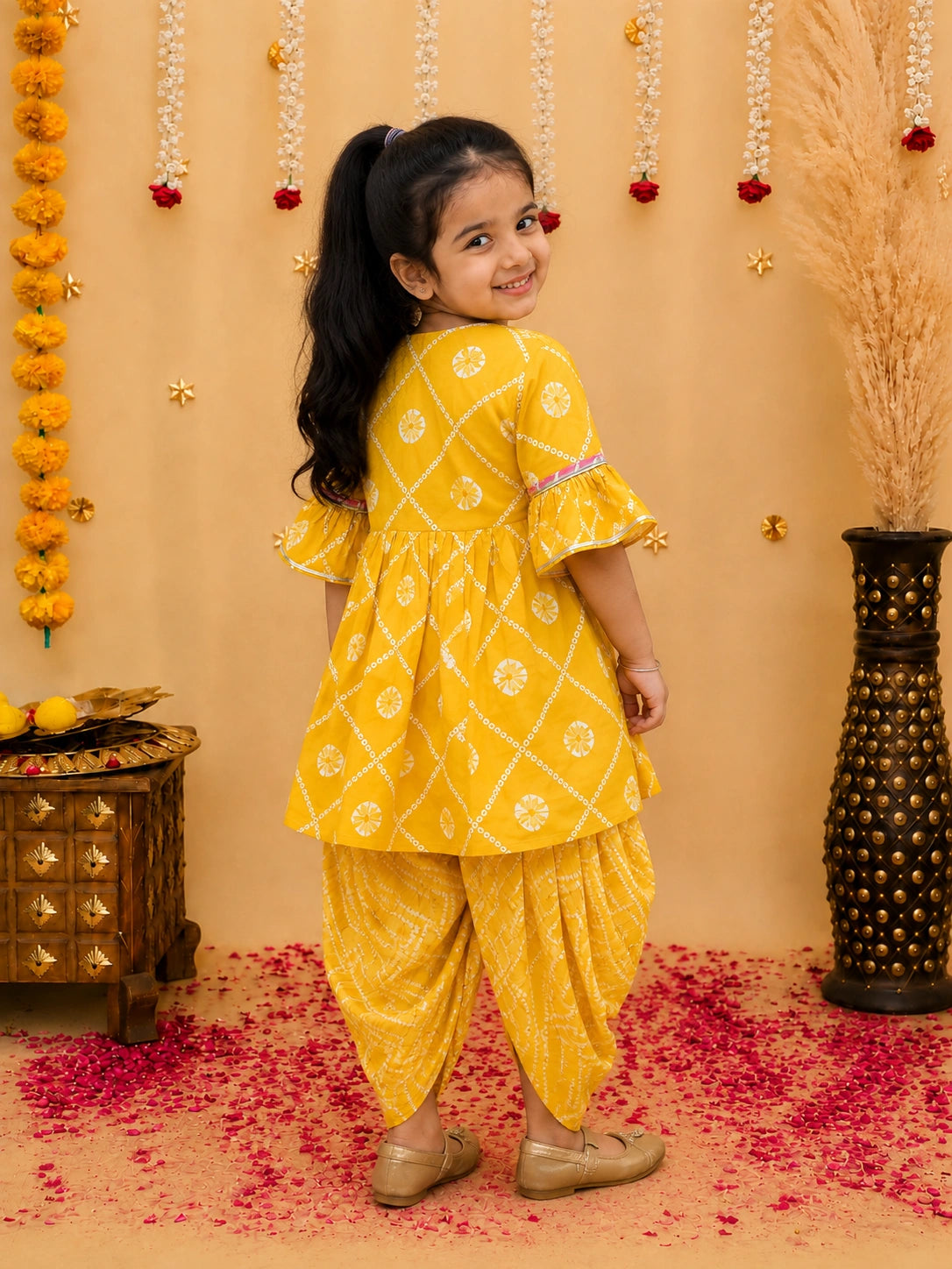 Pure Cotton Angarakha Kurti With Dhoti Sibling Set Red & Mustard Combo