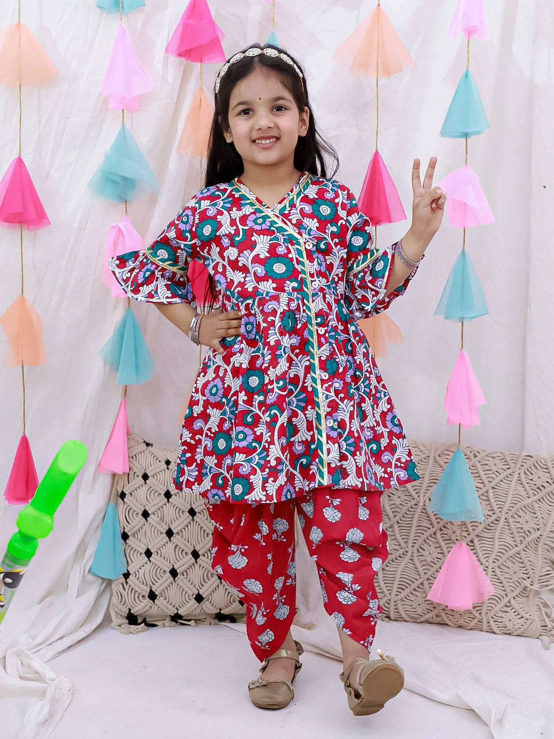 BownBee Indo-Western Angarakha Kurti With Dhoti  For Girls - White