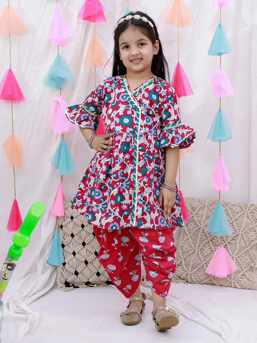 BownBee Indo-Western Angarakha Kurti With Dhoti  For Girls - White