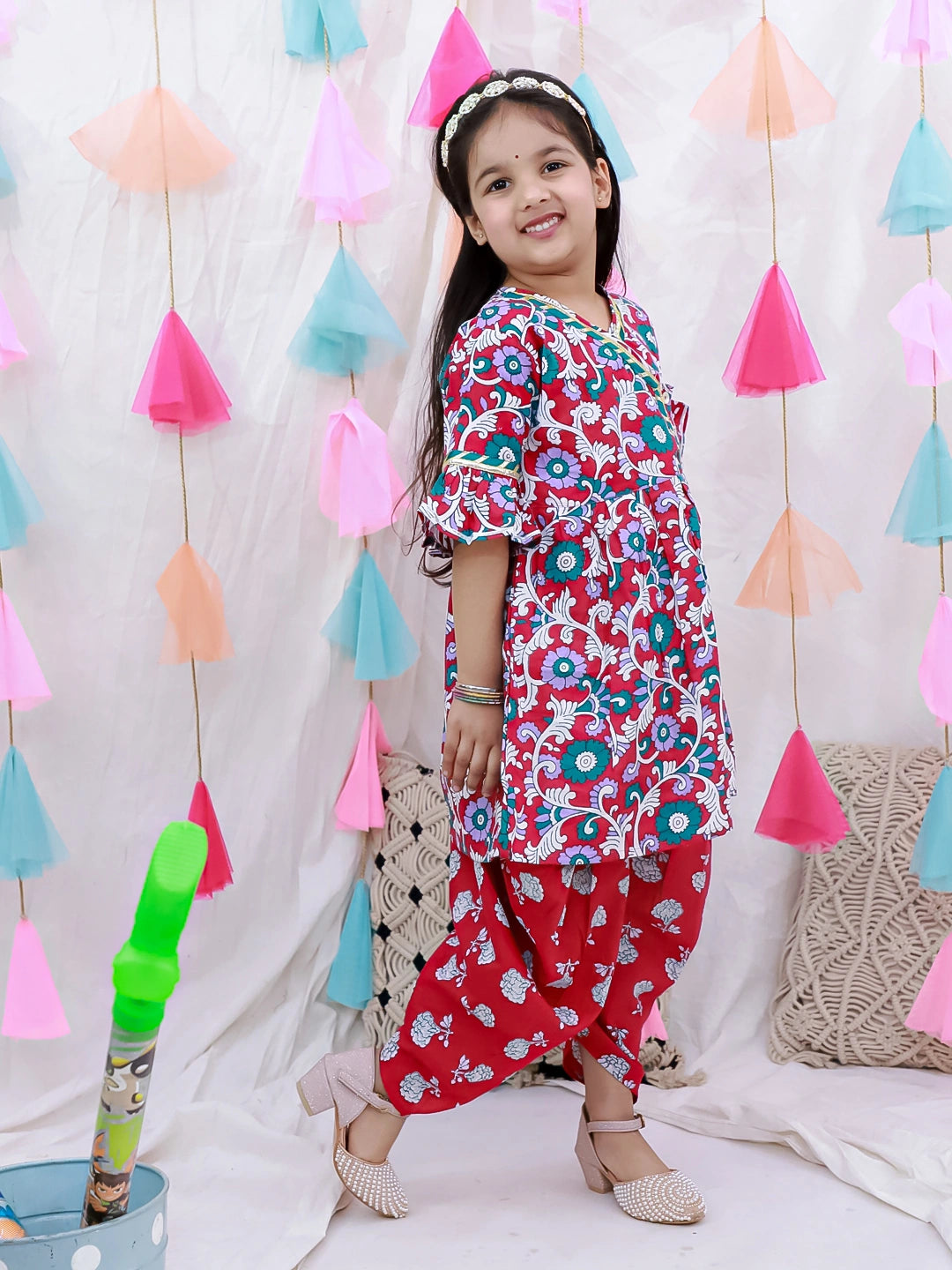 BownBee Indo-Western Angarakha Kurti With Dhoti  For Girls - White