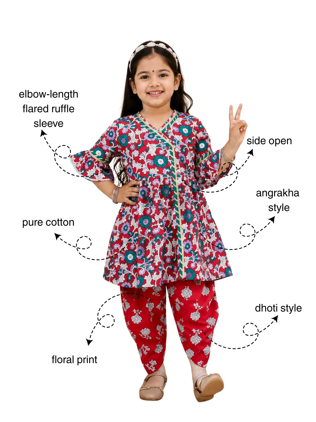 BownBee Indo-Western Angarakha Kurti With Dhoti  For Girls
