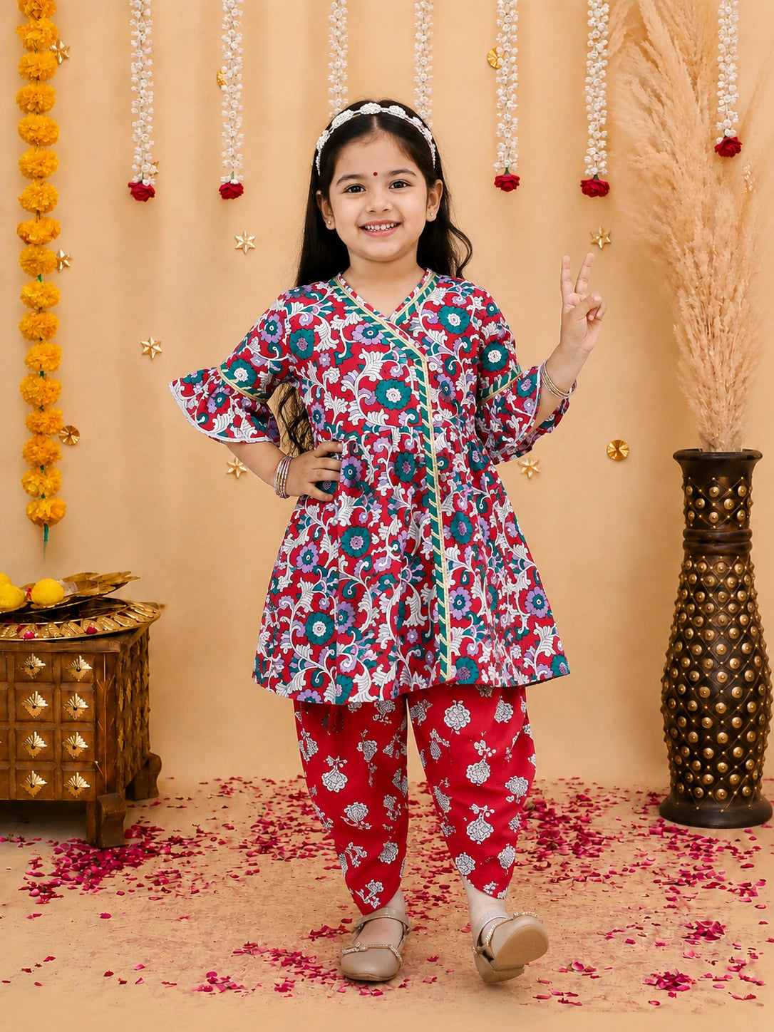 Pure Cotton Angarakha Kurti With Dhoti Sibling Set Red & Mustard Combo