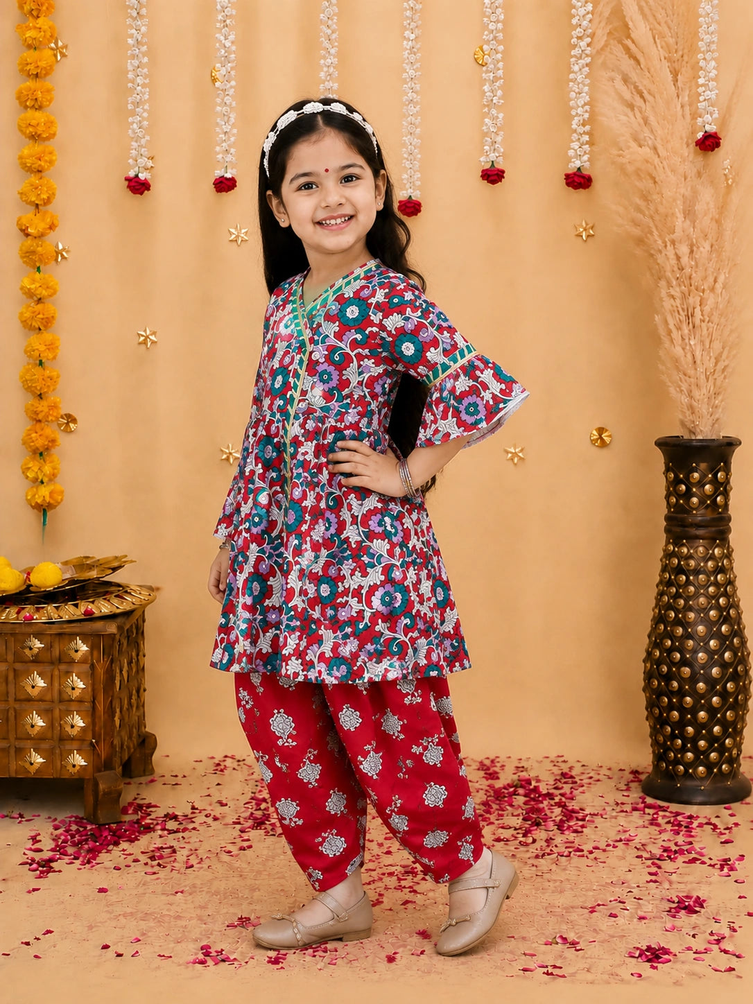 BownBee Indo-Western Angarakha Kurti With Dhoti  For Girls