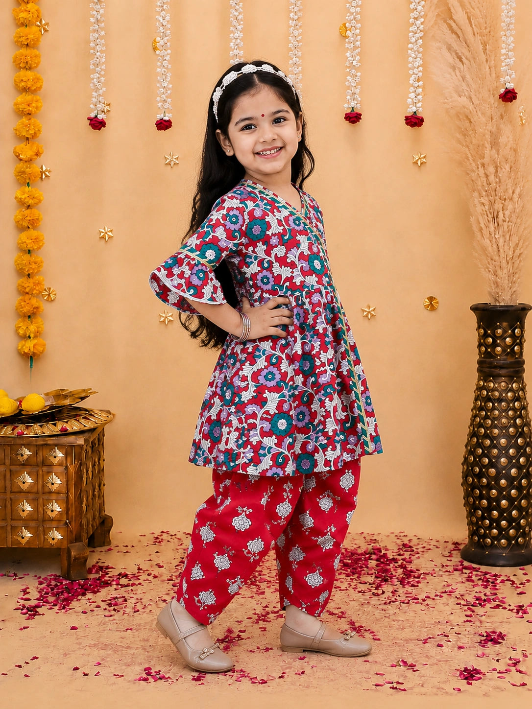 BownBee Indo-Western Angarakha Kurti With Dhoti  For Girls