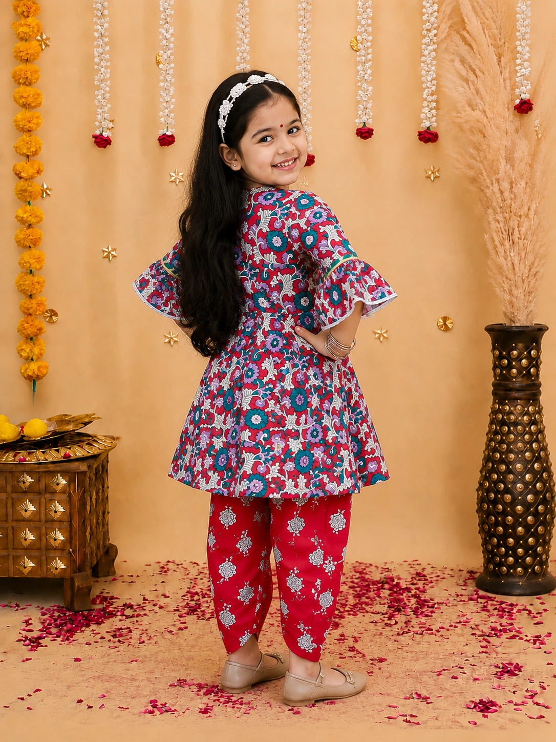 BownBee Indo-Western Angarakha Kurti With Dhoti  For Girls