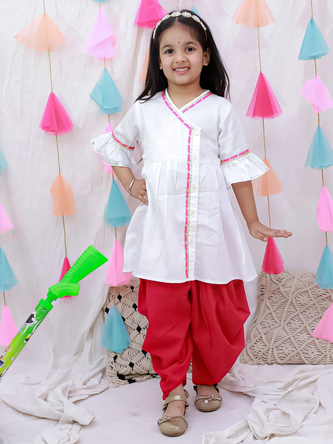 BownBee Indo-Western Angarakha Kurti With Dhoti  For Girls - White